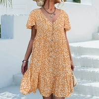Базиреј Летни фустани за жени Цветни Фустани Женски В-Вратот Мода Краток Ракав А-Линија Фустани Жолта М