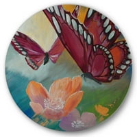 DesignArt „Пеперутки на розови цвеќиња традиционална метална wallидна уметност - диск од 29
