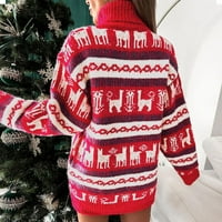 Ткинг Мода Женска Мода Божиќен Џемпер Тркалезен Врат Висок Врат Џемпер со Долги Ракави со Средна Должина божиќни носии за Жени-Црвена