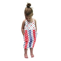 Бебе Девојка Без Грб Ремен Лапавица Ромпер Панталони со Џебови За Мали Девојчиња, Американско Знаме Печатење, Симпатична Харем