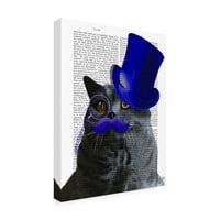 Трговска марка ликовна уметност „Греј мачка со сина топ -капа и сина мустаќи“ платно уметност од фан фанки