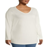Terra & Sky Women's Plus Size Long Speeve Everyday Essential V-вратот маица, 2-пакет