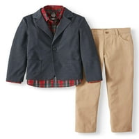 Wonder Nation Boys 4- & Husky Friesty Suit со текстура блејзер, карирана кошула со долги ракави и панталони со двојки, сет на