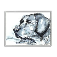 Sumn Industries Монохроматски мастило куче портрет Апстрактна акварел детали сликање сива врамена уметничка печатена wallидна уметност, дизајн од Кендра Шеденхелм
