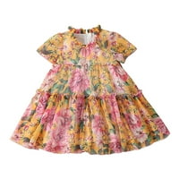 Детски Фустани Мода Со Кратки Ракави Цветни Принтови Мал Свеж Стил Принцеза Секојдневен Фустан