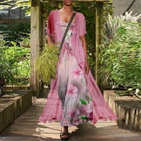 Жени Обични Цветни Печатење Туника Тркалезно Деколте Дводелен Макси Фустан