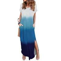 Клиренс за дозвола за женски фустан Макси фустани за жени обични женски обичен лабав џеб долг фустан краток ракав Сплит против