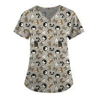 В-вратот Обичен блуза Графички отпечатоци на врвовите на кратки ракави лето за жени сиви XL