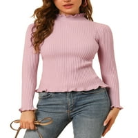 Единствени поволни цени за женски класични долги ракави со долги ракави, исмејувајте го џемперот на вратот, розова XS