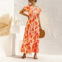 Мини фустани за жени случајни цветни печатени чипка мода со копче со кратки ракави со кратки ракави, женски фустан за печатење,