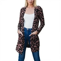 Womenените за слободно време- кардиган отворен предниот дел од долги ракави мода тенок палто со теритонок јакна од леопард печатење
