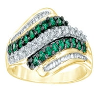 Зелен и бел природен дијамантски бран прстен во 10к жолто злато