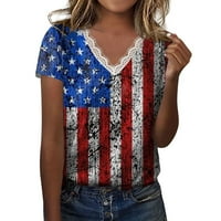 Женски Врвови V - Вратот Денот На Независноста Блуза Печатени Дами Лето Краток Ракав Мода Сина XL