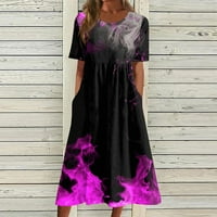 Летни фустани за жени со краток ракав со средна должина на деколтето деколте, печатено виолетова 2xl