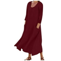 Летни фустани Hhei_k, женски моден случај со цврста боја на ракав, џеб фустан, лабав тркалезен врат долг фустан
