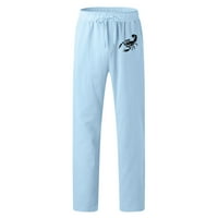 Иопко Обични Панталони за мажи Машка Мода Секојдневен Печатен Ленен Џеб Панталони Со Врвки Панталони Со Големи Димензии Светло сина + XXL