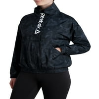 Mesенска мрежа Reebok Women's Mesh наредена печатена јакна за фокус со предни џебови и предно размавта