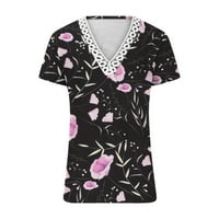 Жените Плус Големина Дозвола Женска Мода Печатени Чипка Кратки Ракави Блуза V - Вратот Обичните Врвови Виолетова