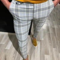 Баок машки Панталони Мажи Тенок Фит Кариран Патент За Печатење Секојдневна Мода Долги Панталони Жолти